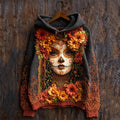 Day Of The Dead Sugar Skull Woman Flowers Lace Fiber Art Cozy Knit Hooded Sweater