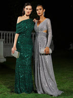 Green One Shoulder Gown Mermaid Sequin Dress