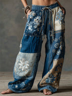 Boho Floral Lace Embroidered Patchwork Flowy Linen Wide Leg Pants