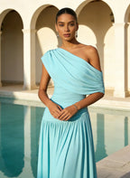 Cyan Ruched Knit Asymmetrical Sleeveless A-Line Floor-length Gown Dress