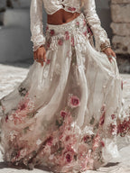 Vintage Pink Flower Art Pattern Flowy Linen Skirt