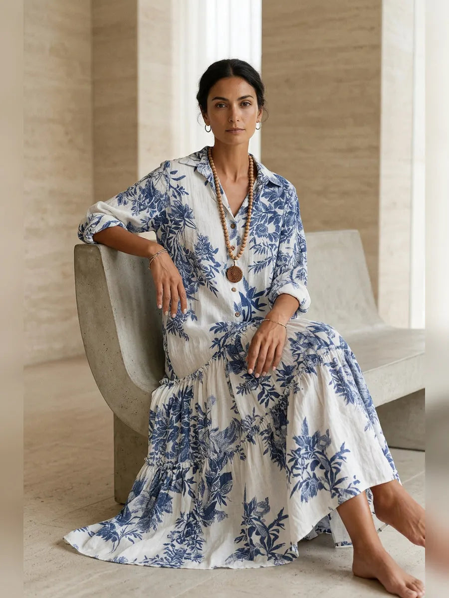 Bohemian Blue Floral Button-down Maxi Dress