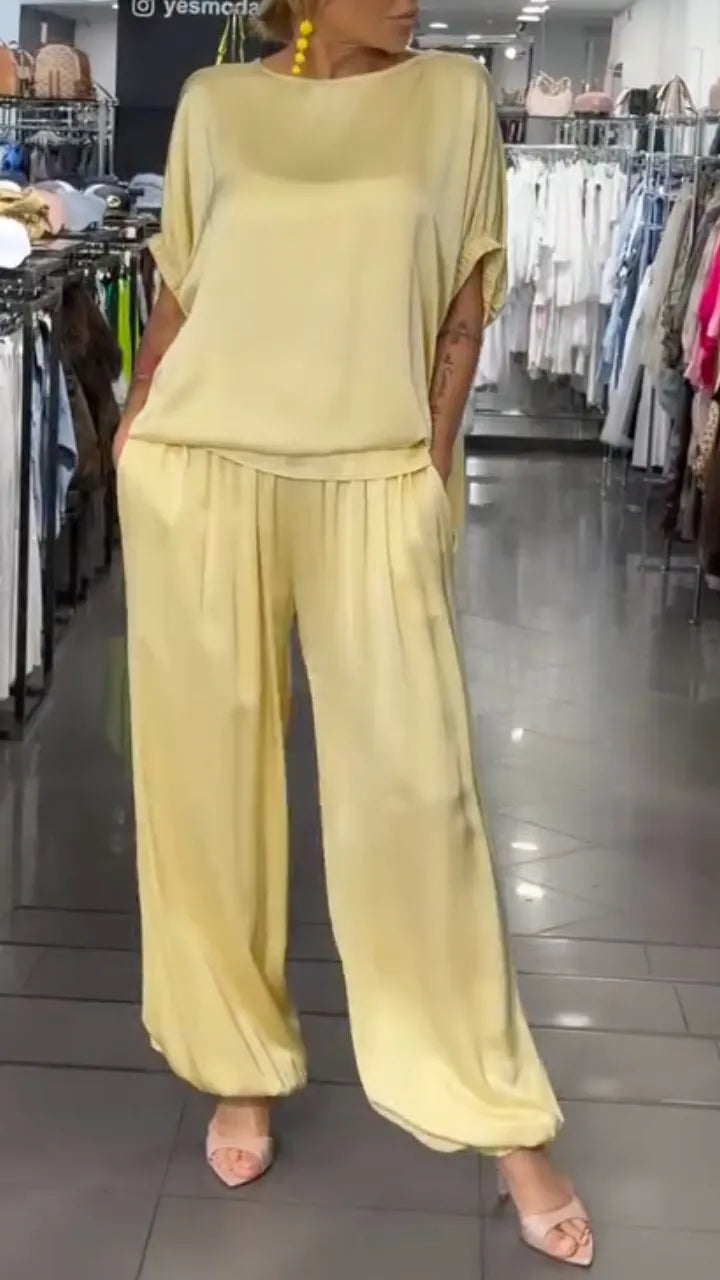 Silky Short Sleeve Wide Leg Pant Set