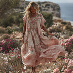 Women's Pink Floral Art Flowy Linen Blend Casual Short Sleeve Maxi Dress