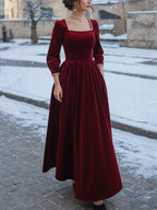 Maxi Cotton Dress, Half Sleeve, Square Neck, Plain, Pocket Design, Vintage, Red