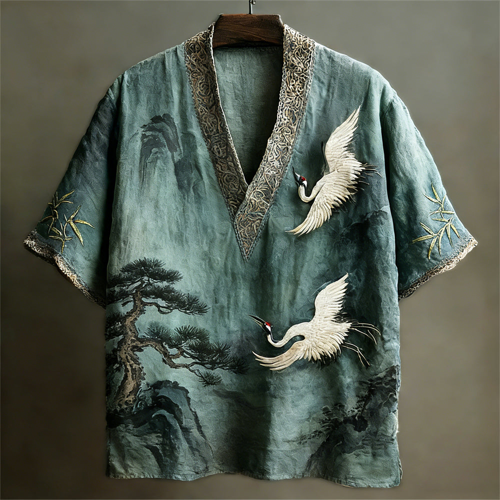 Japanese Crane Landscape Painting Art Linen V-neck Shirt