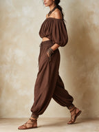 Bohemian Off-Shoulder Crop Top & Harem Pants Two-Piece Set