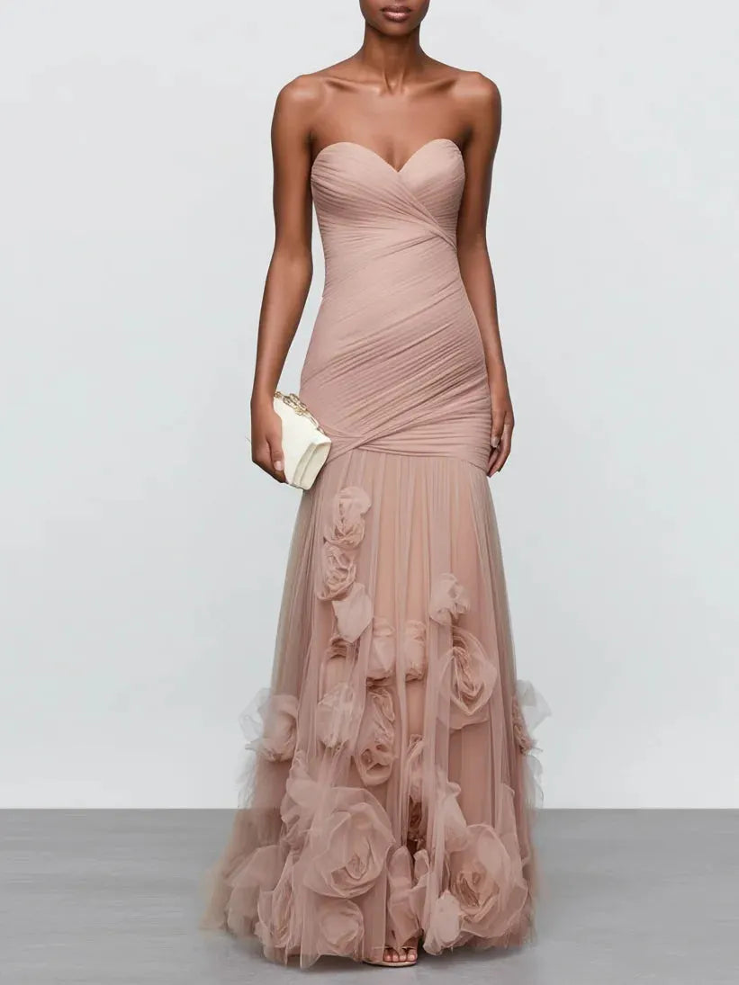 Pink 3D Floral Ruched Tulle Strapless Sleeveless Mermaid Gown Dress