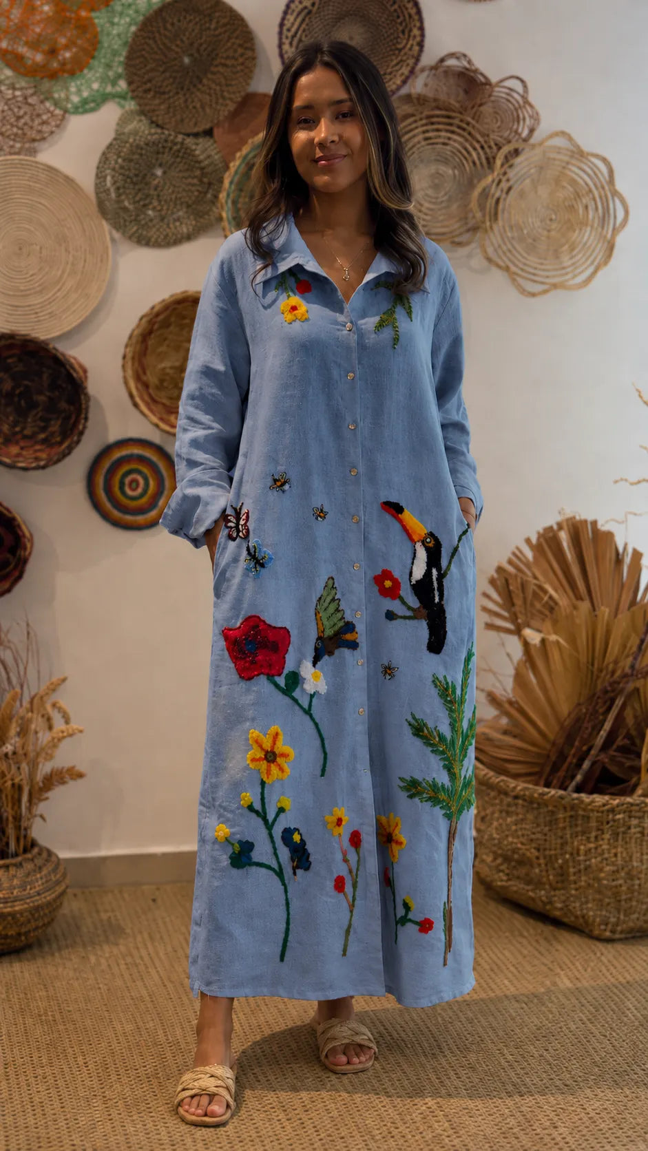 Floral & Bird Embroidered Linen Shirt Midi Dress