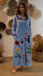 Floral & Bird Embroidered Linen Shirt Midi Dress