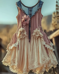 Summer Vacation Ruffle Lace Contrast Color Denim Patchwork Dress  feca