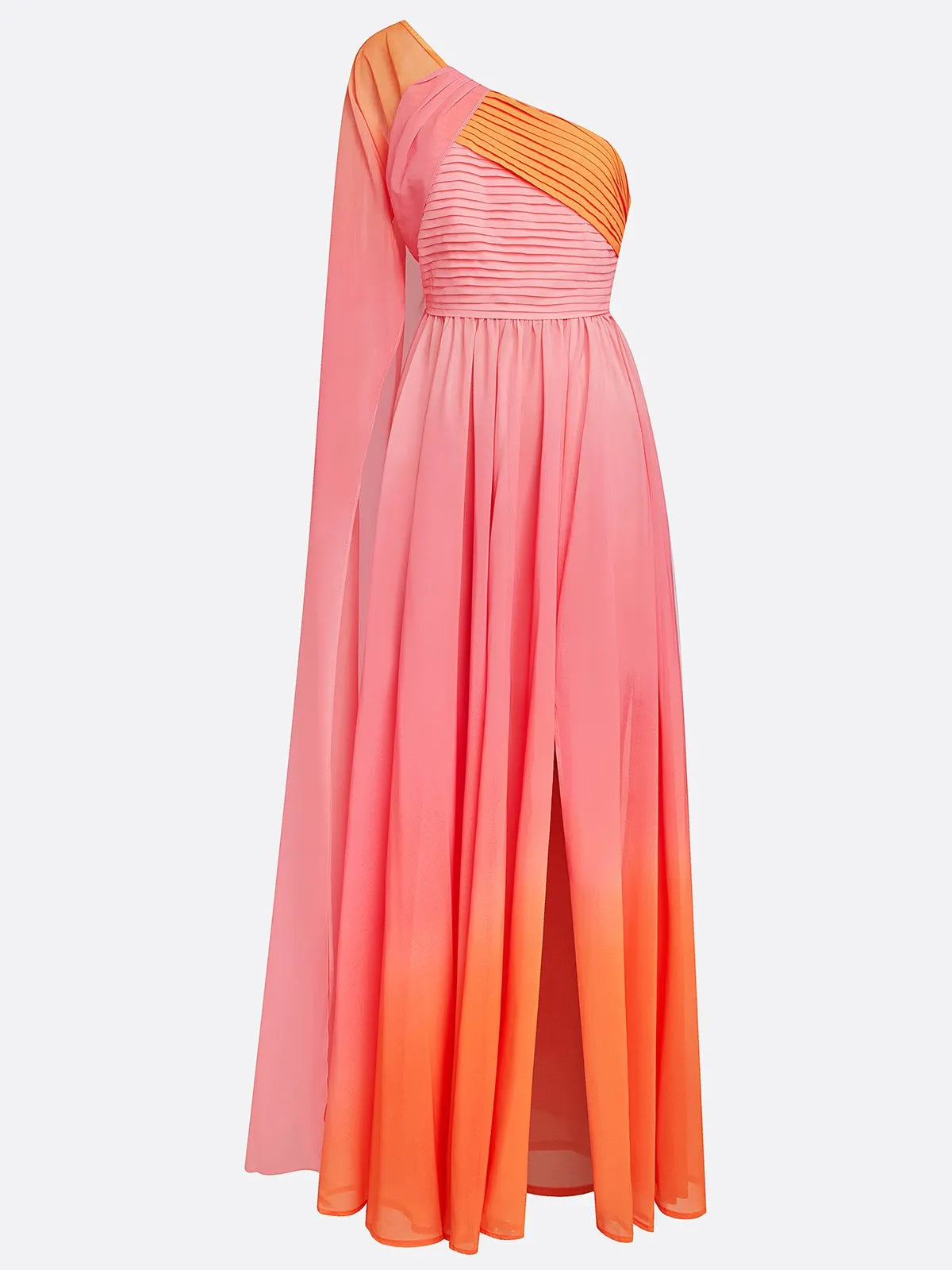 Orange Pink Side-Slit One Shoulder Sleeveless A-Line Gown Chiffon Dress