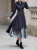 Midi Cotton Dress, Long Sleeves, Stand Collar, Floral, Button Design, Vintage, Deep Purple