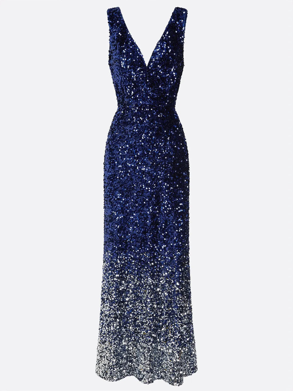 Navy Blue Ombre Sequin Deep V Neck Sleeveless Sheath Maxi Dress