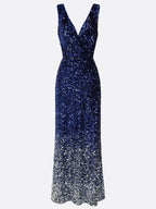Navy Blue Ombre Sequin Deep V Neck Sleeveless Sheath Maxi Dress