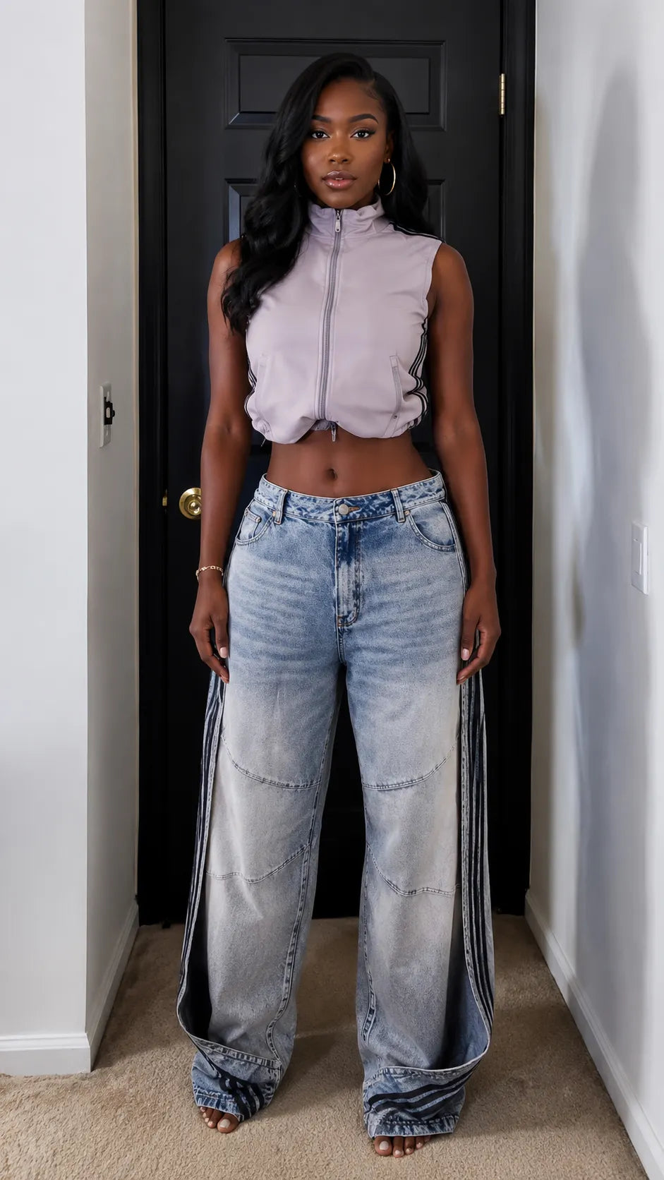Side Slit Wide Leg Denim Pants