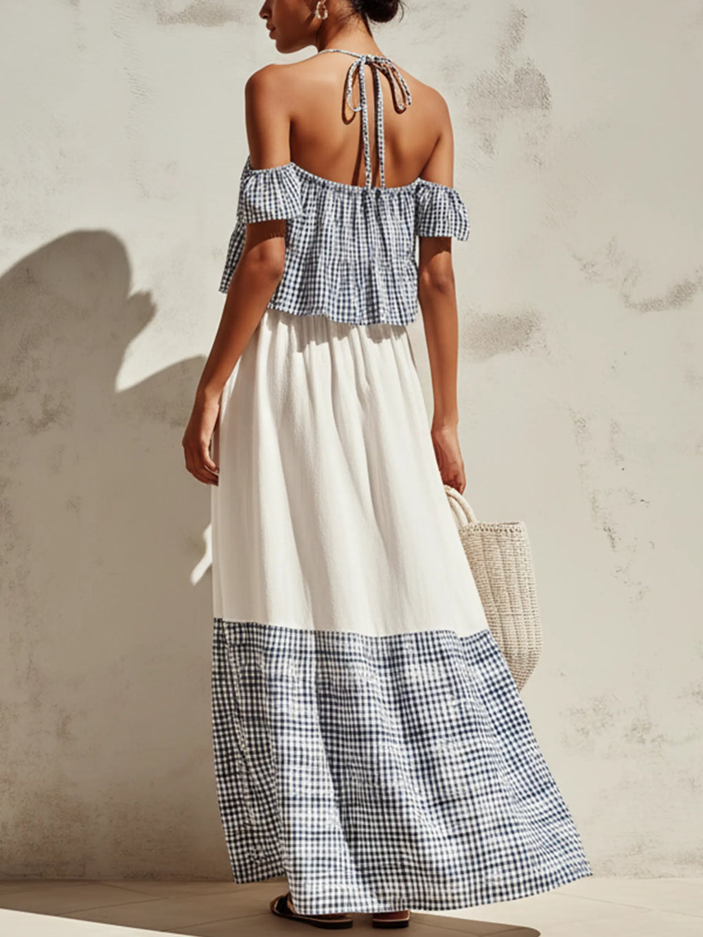 Blue & White Gingham Halter Cold-Shoulder Tiered Maxi Dress