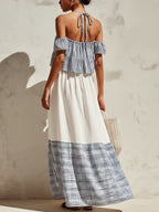 Blue & White Gingham Halter Cold-Shoulder Tiered Maxi Dress