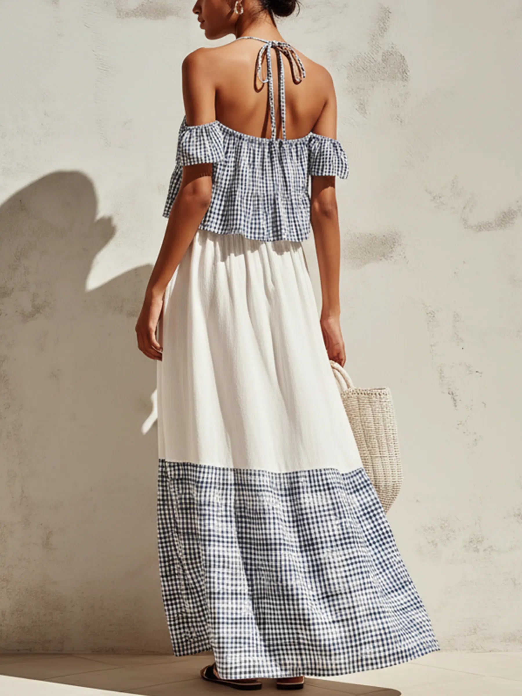 Blue & White Gingham Halter Cold-Shoulder Tiered Maxi Dress