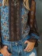 Vintage Boho Floral High Neck Sheer Lace Blouse With Puff Sleeve