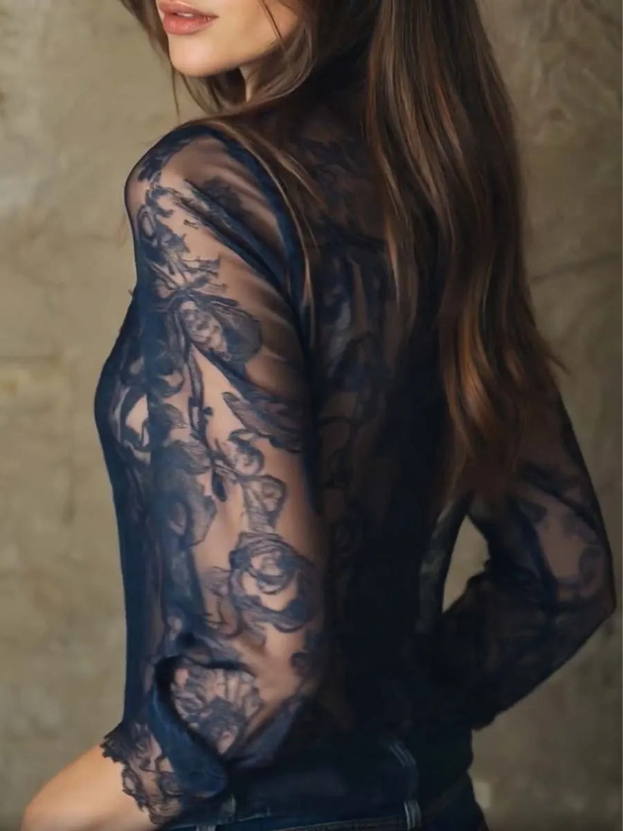 Romantic Paisley Print Lace Trim Sheer Shirt