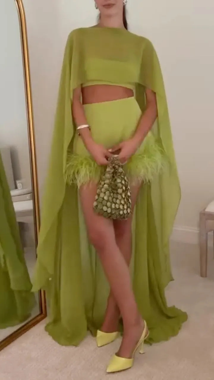 Women's Chic Two-Piece Set: Asymmetrical Chiffon Top & Feather Skirt
