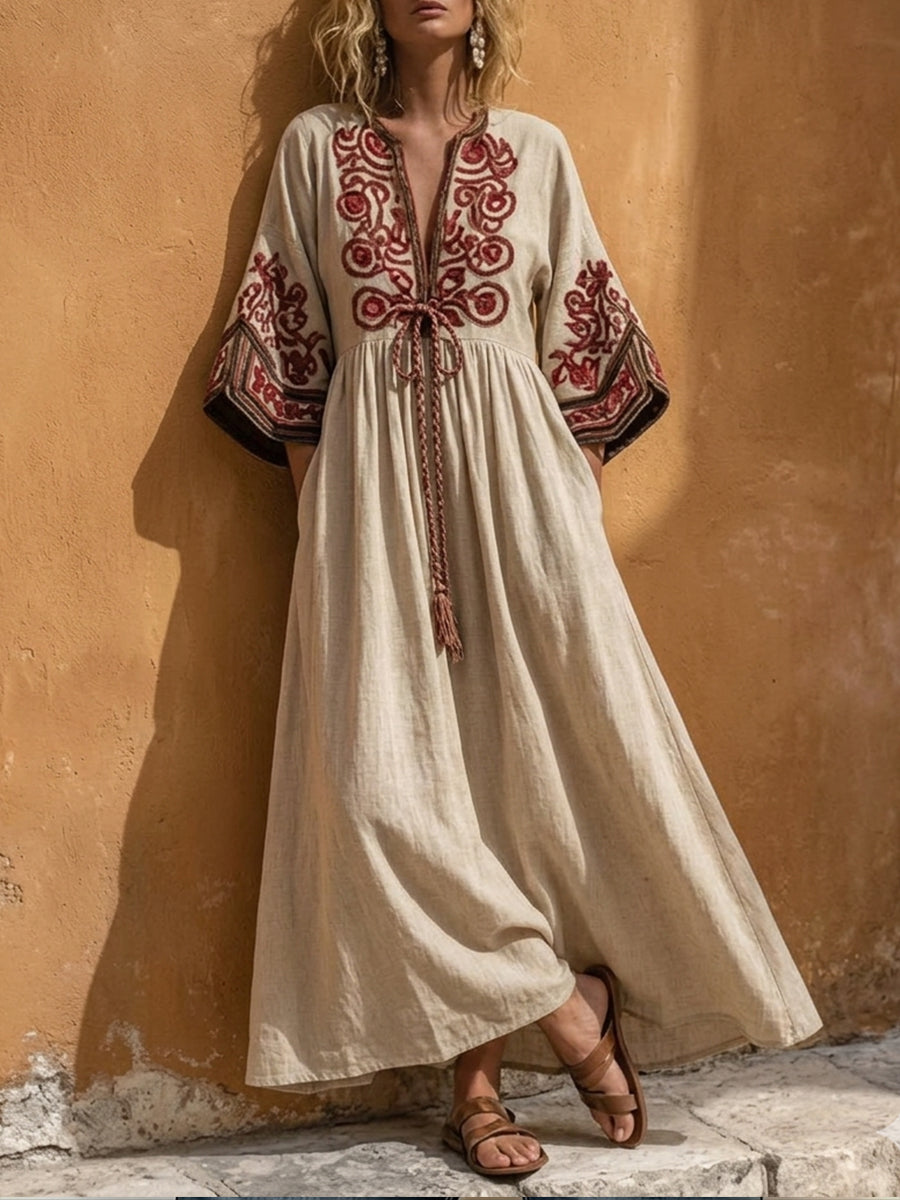 Bohemian Artistic Pattern Linen And Cotton Dress