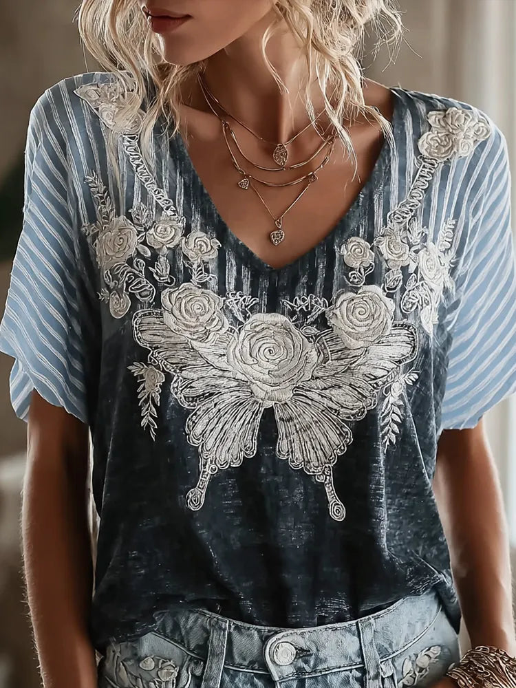 Butterfly Flower Embroidery Patchwork Striped Design Women's Summer Linen T-shirt