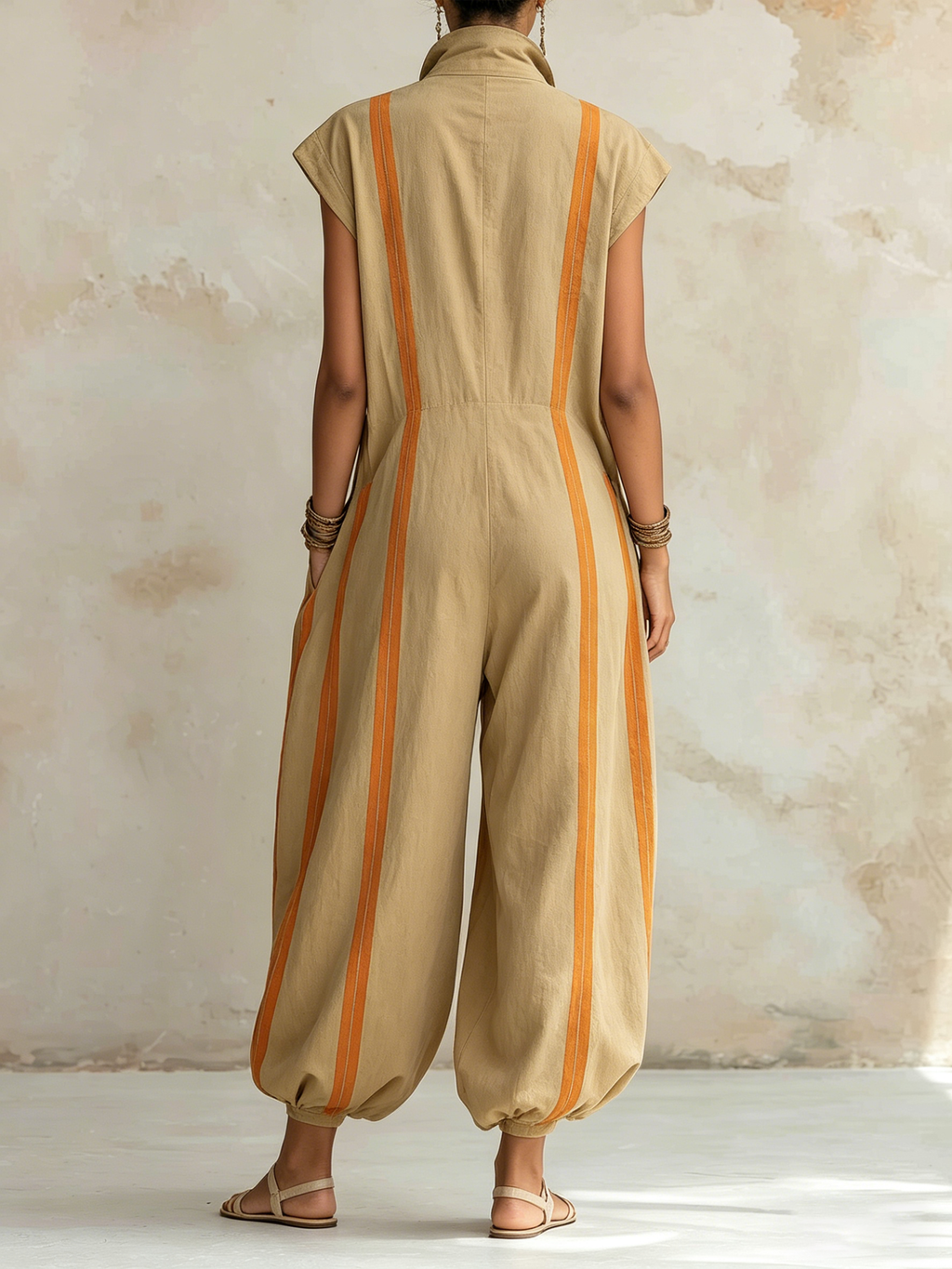 Stand Collar Striped Utility Jumpsuit