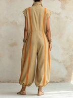 Stand Collar Striped Utility Jumpsuit
