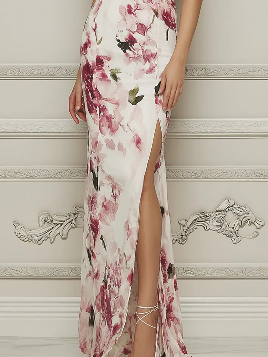 Blooming Watercolor Cap Sleeve Chiffon Dress