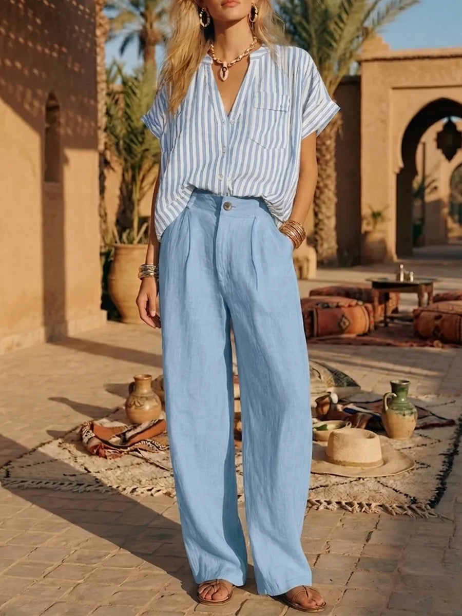 Cozy Striped Cotton-linen Two-piece Set