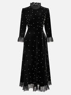 Black Beaded Ruffled Mock Neck Three Quarter Sleeve A-Line Maxi Velvet Dress