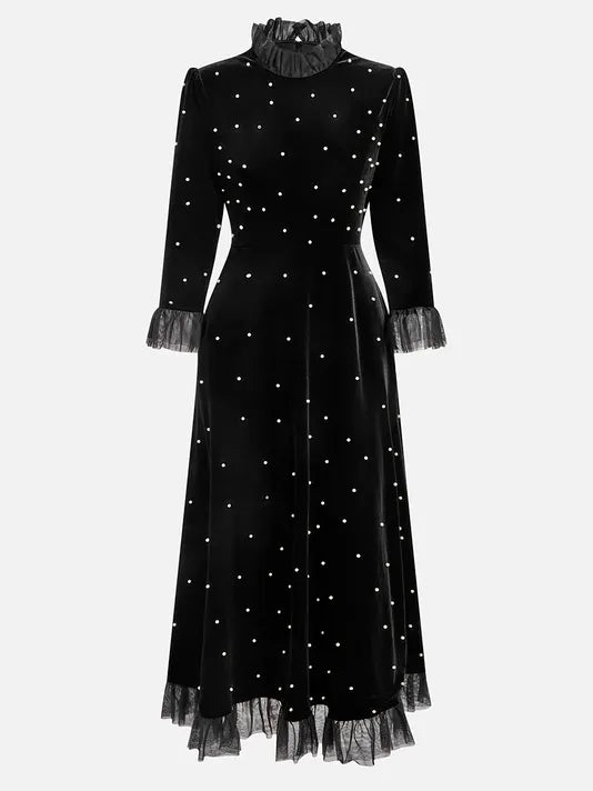 Black Beaded Ruffled Mock Neck Three Quarter Sleeve A-Line Maxi Velvet Dress