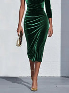 Green One Shoulder Three Quarter Sleeve Sheath Midi Velvet Dress