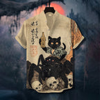 Men's Retro Japanese Calligraphy Art Black Cat And Spider Print Short Sleeve Shirt