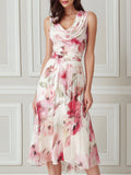 Draped V-Neck Floral Flowing Midi Dress