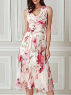 Draped V-Neck Floral Flowing Midi Dress