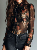 Vintage Black Sheer Chiffon Floral Tie Neck Blouse