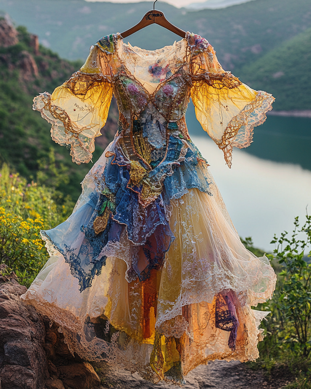 Summer Irregular Lace Patchwork BeadedRuffle Dress e140