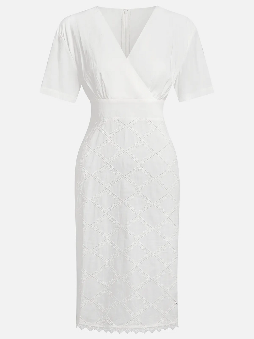 White Hollow Out Plaid Classic V Neck Short Sleeve Sheath Midi Dress