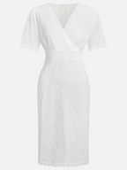 White Hollow Out Plaid Classic V Neck Short Sleeve Sheath Midi Dress