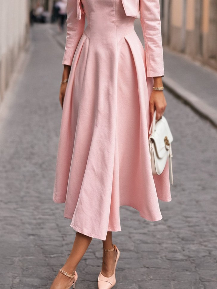 Midi Cotton Set, Long Sleeves, Round Neck, Plain, Vintage, Light Pink