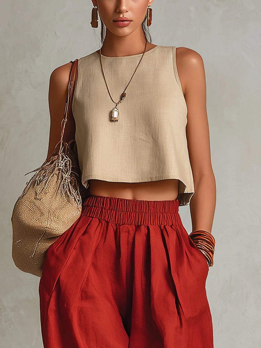 Beige Crop Top And Red High-Waisted Harem Pants Set