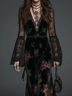 Vintage Black Velvet Floral Lace Sleeve Maxi Dress