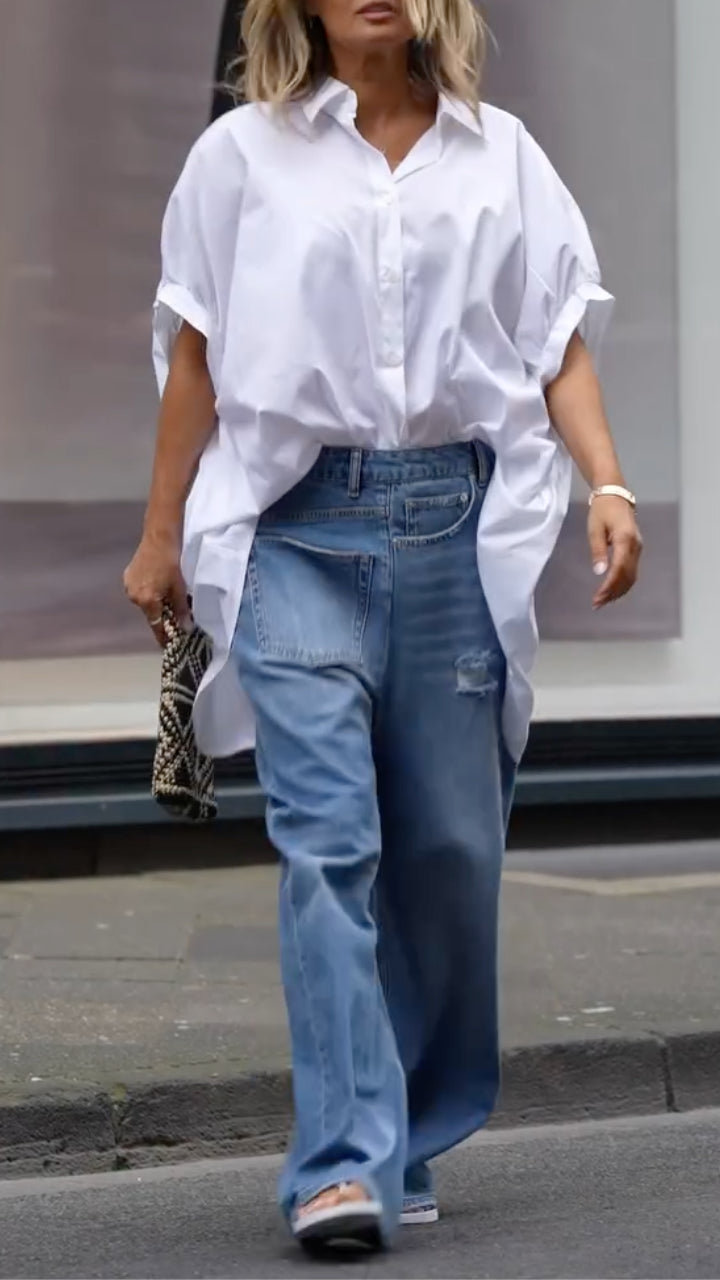 Oversized  Shirt & Distressed Wide Leg Jeans