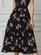 Black Pink Floral Halter Neck Keyhole Midi Dress