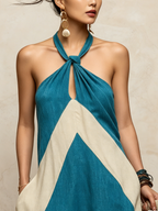 Boho Halter Neck Color Block Maxi Dress | Relaxed Fit Linen Vacation Dress