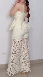Hollow Lace Peplum Two Piece Flare Pant Set