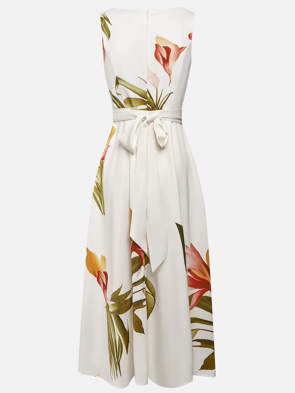 Beige Floral Boat Neck Sleeveless A-Line Midi Dress